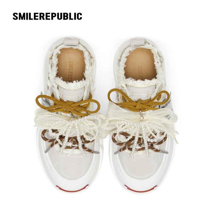 Ash Gray Frayed Pearl Bow Platform Sneakers with Interchangeable Smile Toe, Unisex Low Top