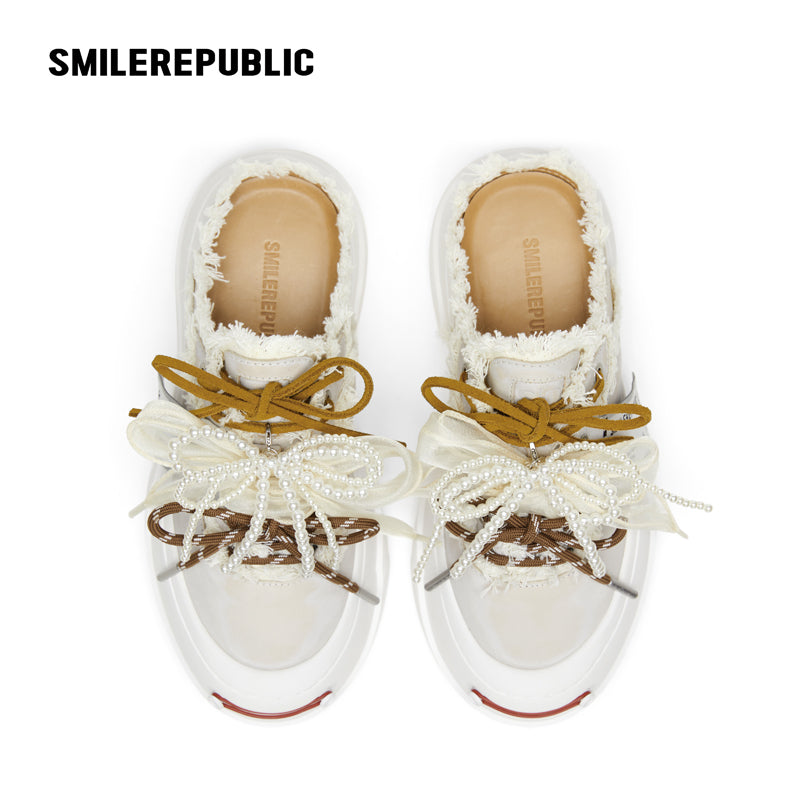 Ash Gray Frayed Trim Platform Sneaker Mules, Unisex Smile Toe Shoes