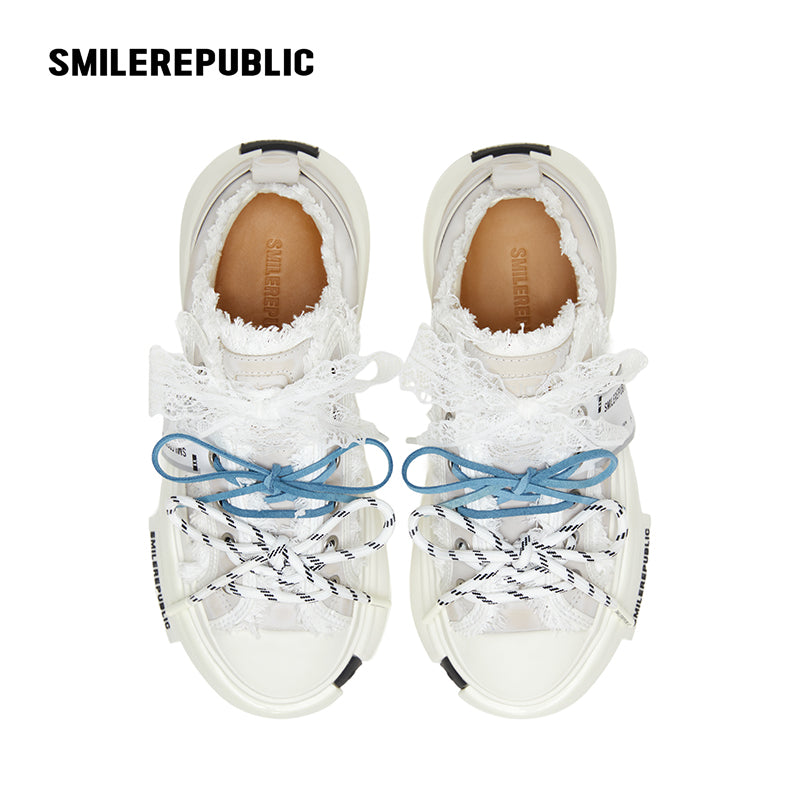 White Frayed Platform Sneakers, Unisex Low Top Lace Up Shoes