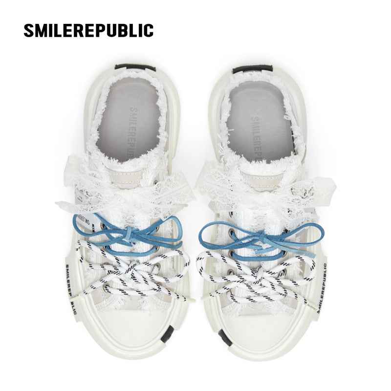 Ash Gray Frayed Trim Chunky Platform Sneaker Mules, Unisex Shoes