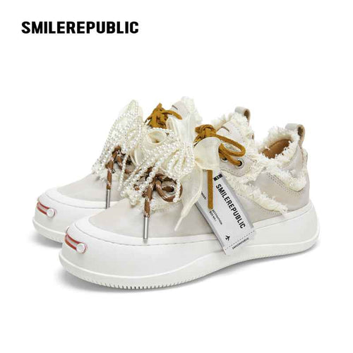 Ash Gray Frayed Pearl Bow Platform Sneakers with Interchangeable Smile Toe, Unisex Low Top