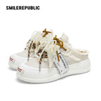 Women's Ash Gray Frayed Trim Platform Sneaker Mules with Smile Toe