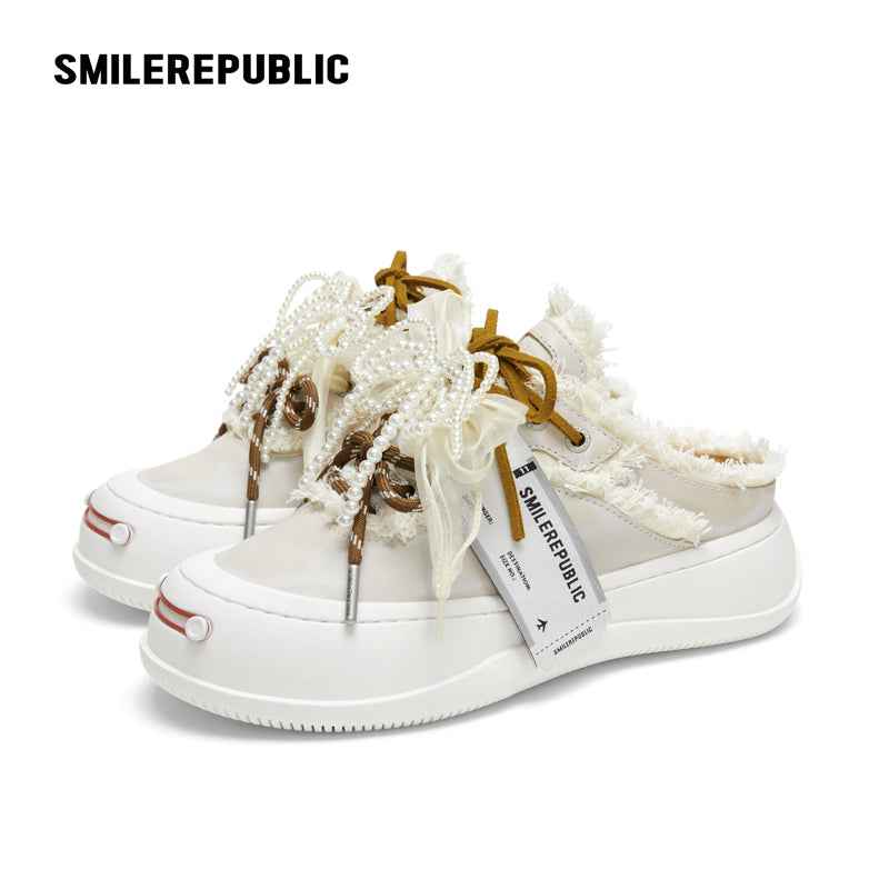 Ash Gray Frayed Trim Platform Sneaker Mules, Unisex Smile Toe Shoes