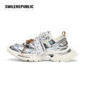 Metallic Silver Blue Black Plaid Tweed Chunky Sneakers, Unisex Lace Up Shoes