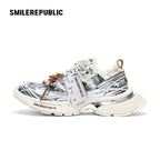 Metallic Silver Blue Black Plaid Tweed Chunky Sneakers, Unisex Lace Up Shoes