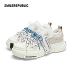Women's White Frayed Platform Low-Top Lace-Up Sneakers