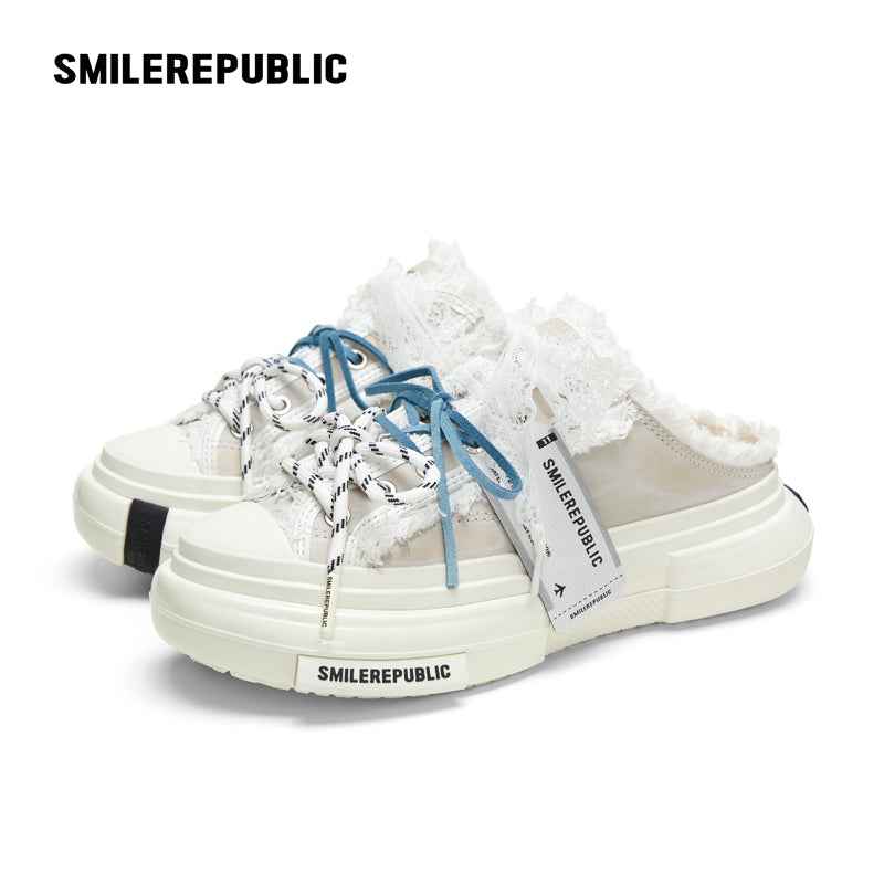 Ash Gray Frayed Trim Chunky Platform Sneaker Mules, Unisex Shoes