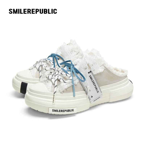 Ash Gray Frayed Trim Chunky Platform Sneaker Mules, Unisex Shoes