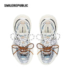 Metallic Silver Blue Black Plaid Tweed Chunky Sneakers, Unisex Lace Up Shoes