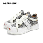 Dusk Gray Frayed Textile Platform Sneakers with Interchangeable Smile Toe, Unisex Low Top