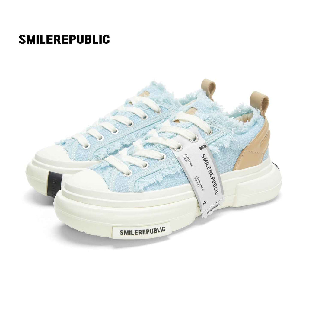Light Blue Frayed Tweed Chunky Platform Sneakers, Unisex Low Top Lace Up