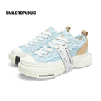 Light Blue Frayed Tweed Chunky Platform Sneakers, Unisex Low Top Lace Up