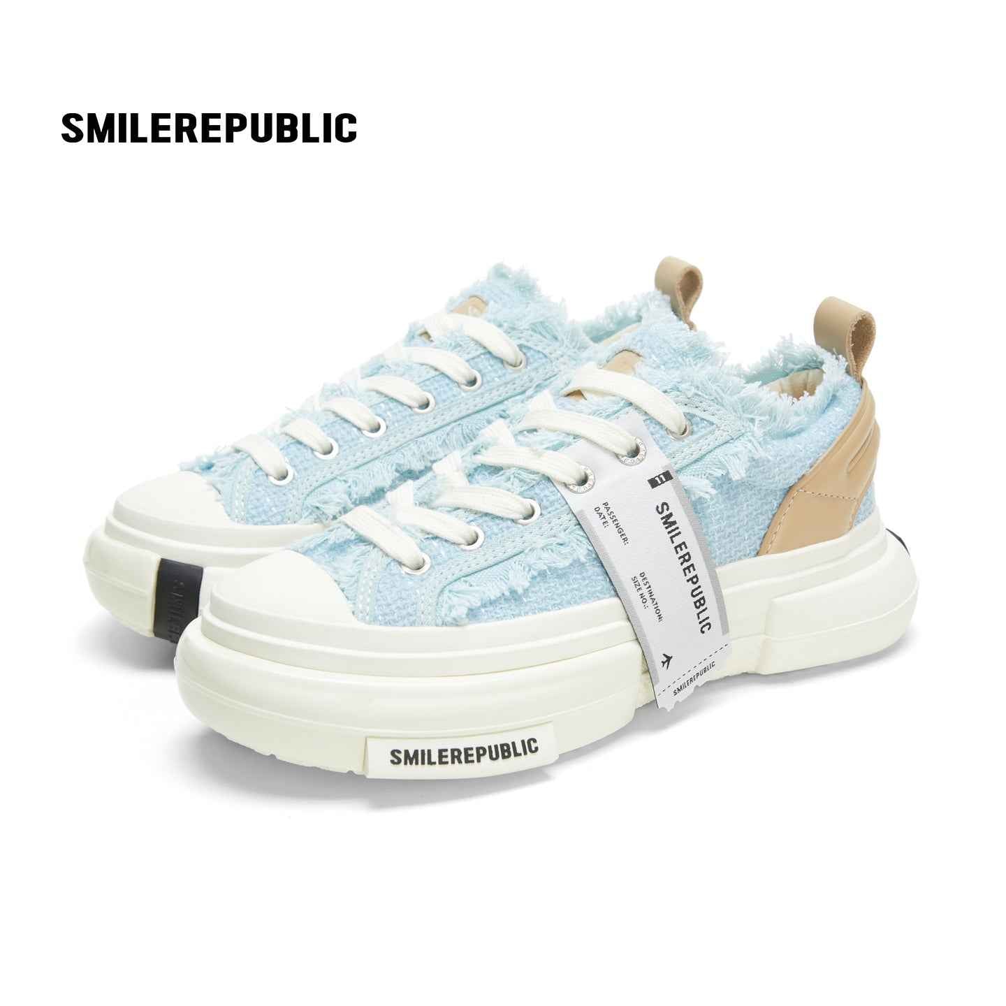 Light Blue Frayed Tweed Chunky Platform Sneakers, Unisex Low Top Lace Up