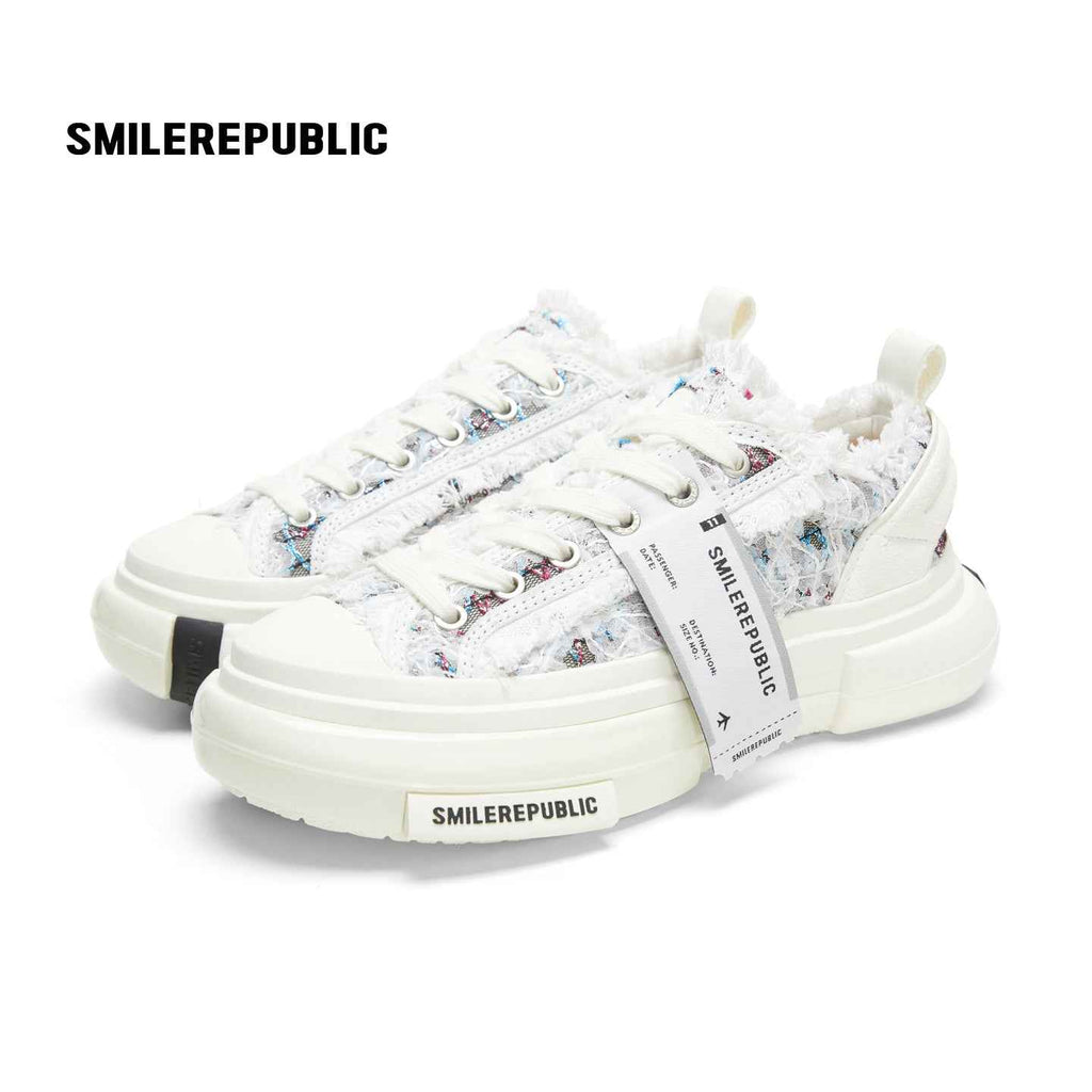 White Blue Frayed Tweed Platform Sneakers, Unisex Low Top Lace Up Shoes
