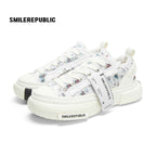 Women's White and Blue Frayed Tweed Platform Sneakers