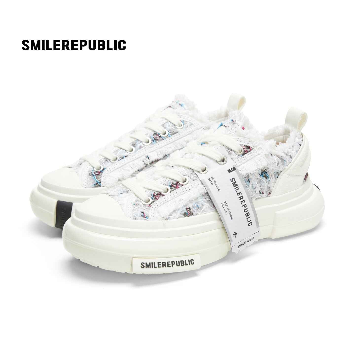 White Blue Frayed Tweed Platform Sneakers, Unisex Low Top Lace Up Shoes