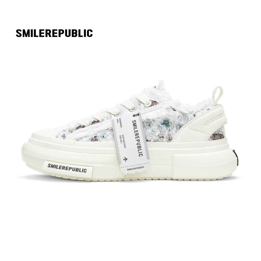 White Blue Frayed Tweed Platform Sneakers, Unisex Low Top Lace Up Shoes