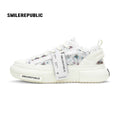 White Blue Frayed Tweed Platform Sneakers, Unisex Low Top Lace Up Shoes