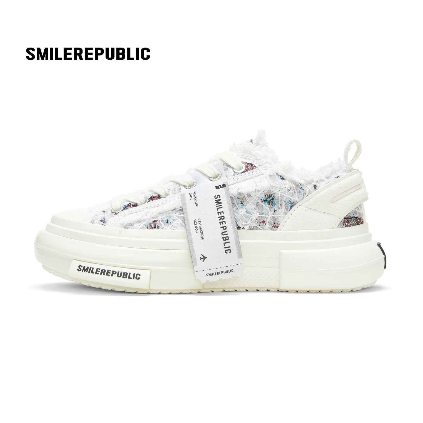 White Blue Frayed Tweed Platform Sneakers, Unisex Low Top Lace Up Shoes