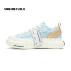Light Blue Frayed Tweed Chunky Platform Sneakers, Unisex Low Top Lace Up