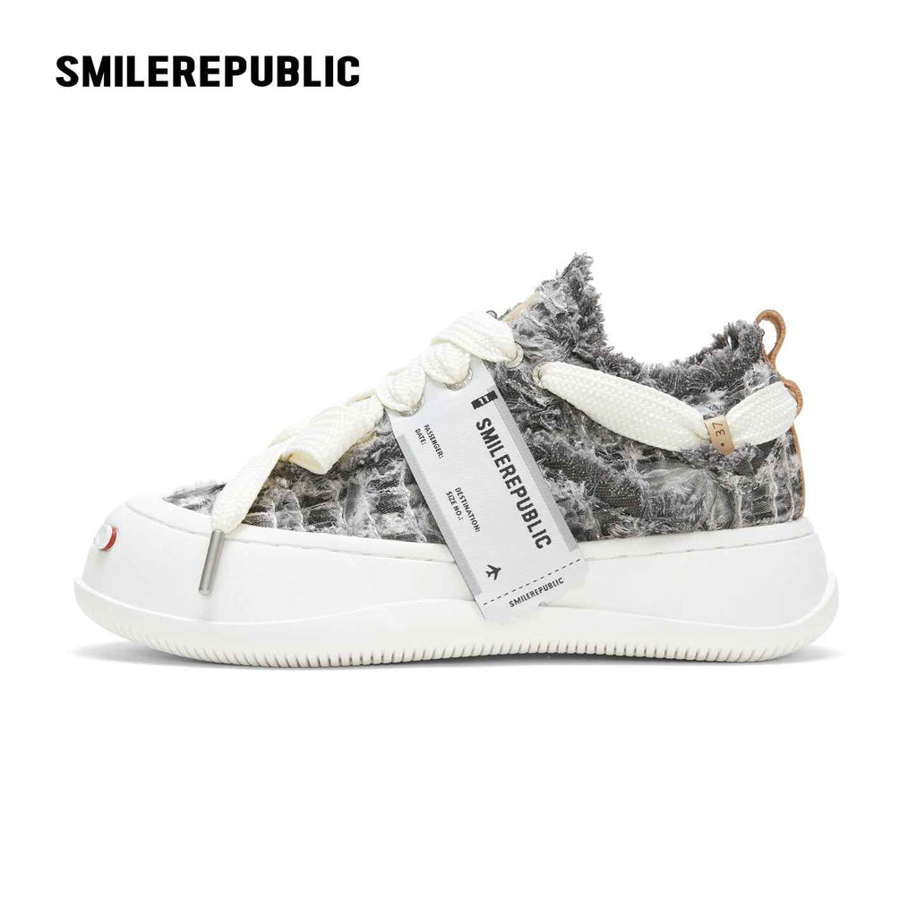 Dusk Gray Frayed Textile Platform Sneakers with Interchangeable Smile Toe, Unisex Low Top