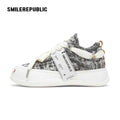 Dusk Gray Frayed Textile Platform Sneakers with Interchangeable Smile Toe, Unisex Low Top