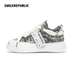Dusk Gray Frayed Textile Platform Sneakers with Interchangeable Smile Toe, Unisex Low Top