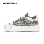 Dusk Gray Frayed Textile Platform Sneakers with Interchangeable Smile Toe, Unisex Low Top