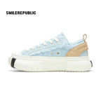 Light Blue Frayed Tweed Chunky Platform Sneakers, Unisex Low Top Lace Up