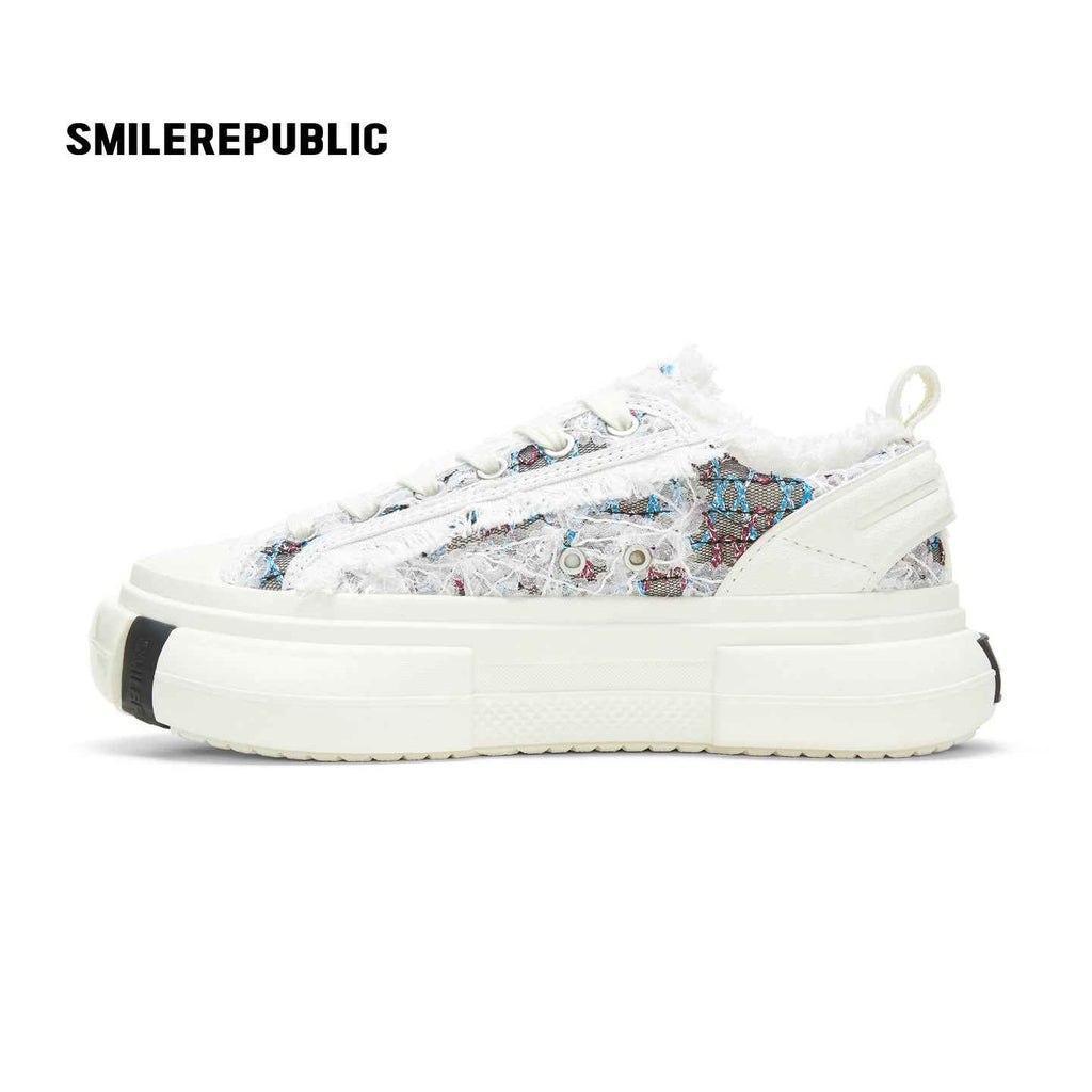 White Blue Frayed Tweed Platform Sneakers, Unisex Low Top Lace Up Shoes