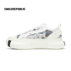 Women's White and Blue Frayed Tweed Platform Sneakers