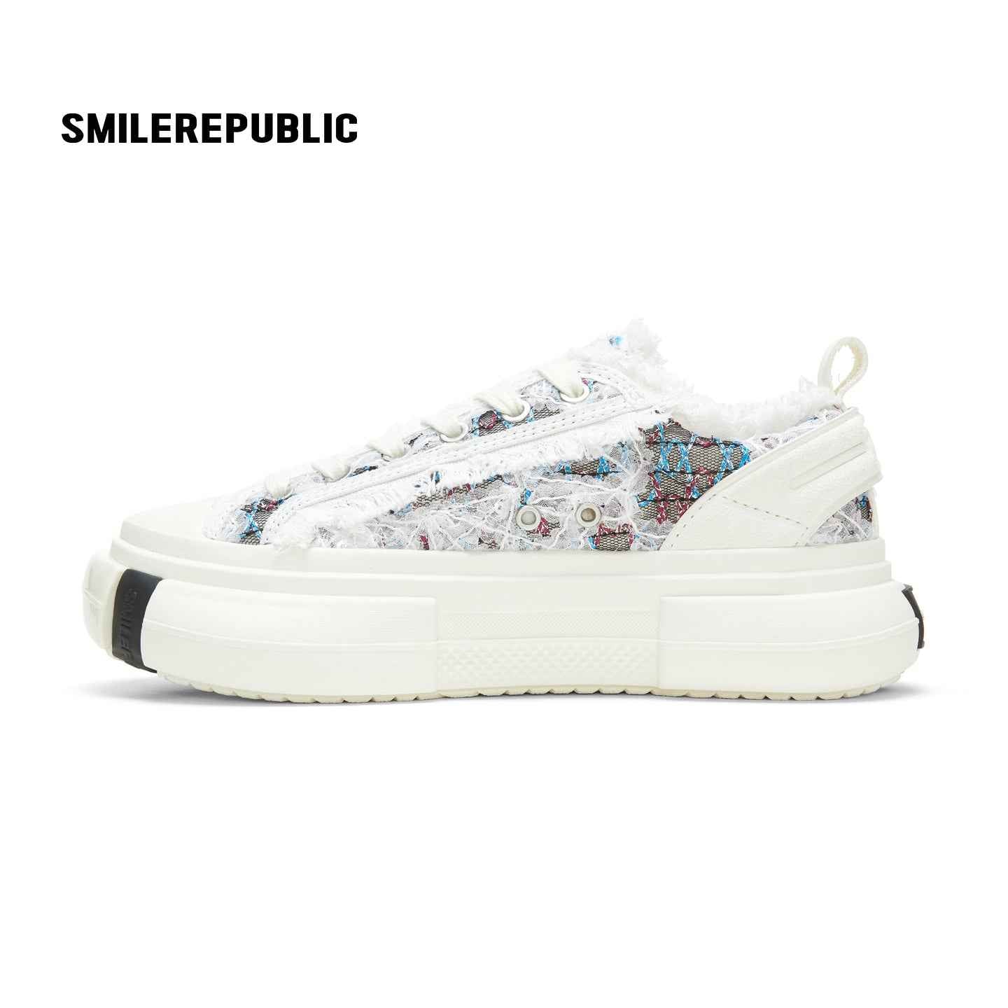 White Blue Frayed Tweed Platform Sneakers, Unisex Low Top Lace Up Shoes