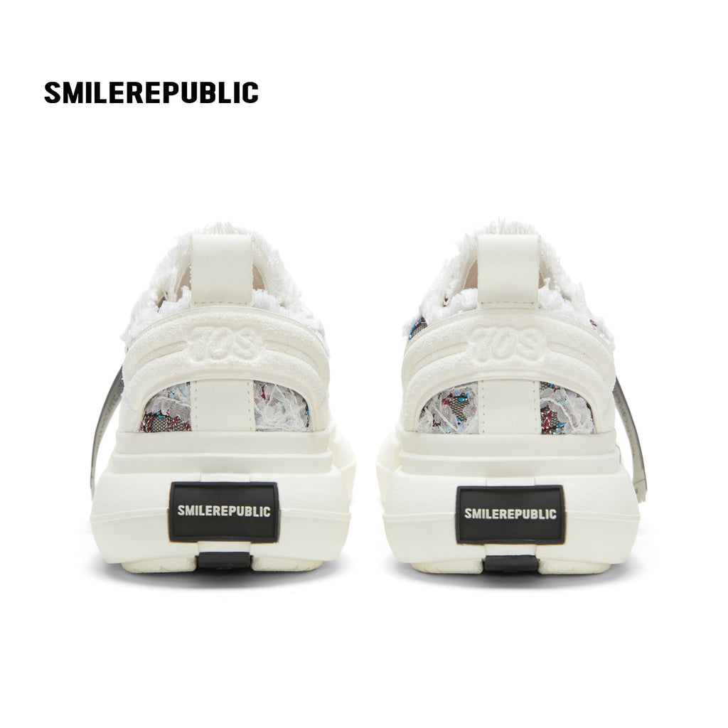 White Blue Frayed Tweed Platform Sneakers, Unisex Low Top Lace Up Shoes
