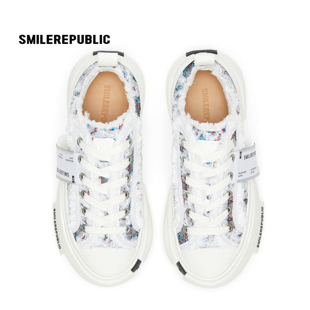 White Blue Frayed Tweed Platform Sneakers, Unisex Low Top Lace Up Shoes