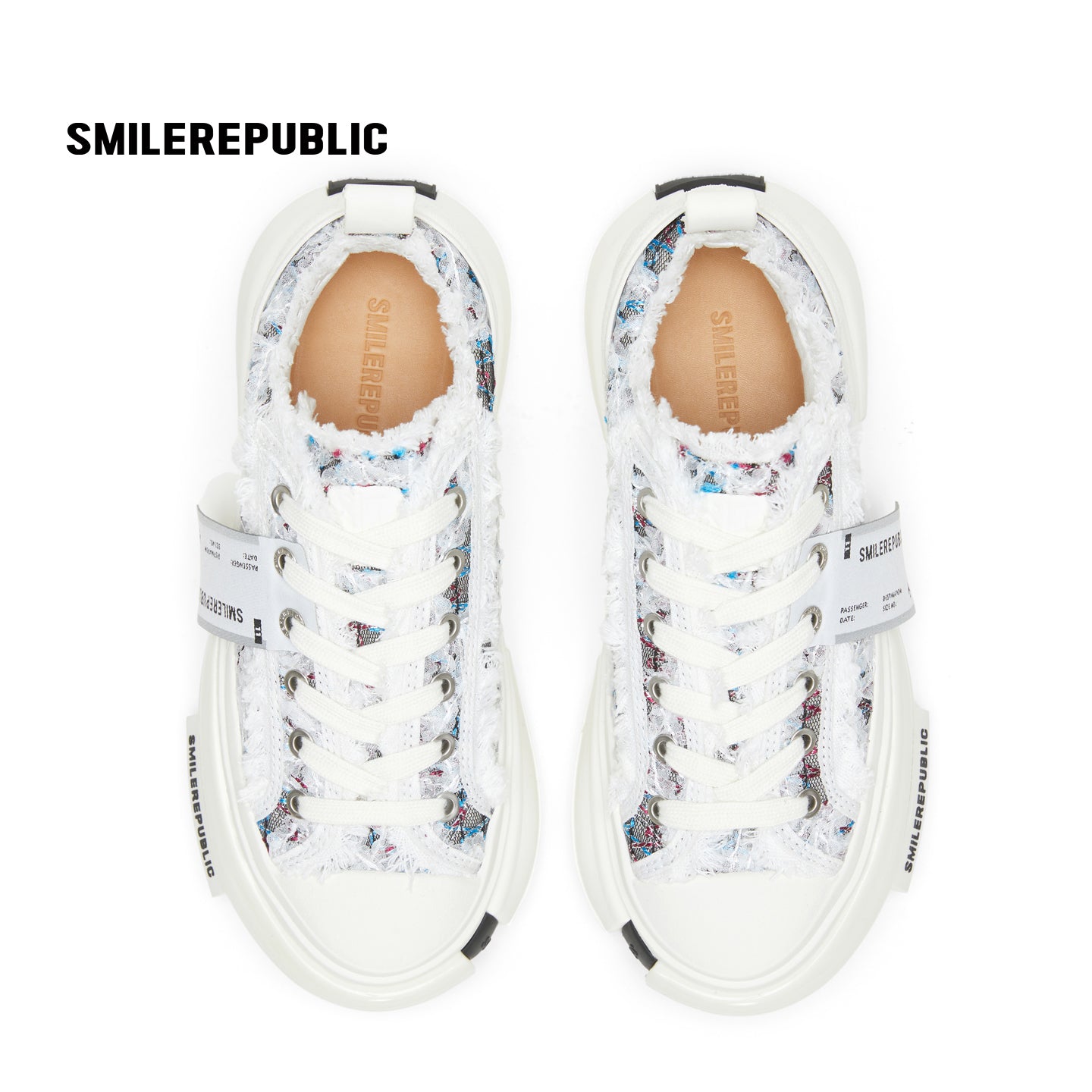 White Blue Frayed Tweed Platform Sneakers, Unisex Low Top Lace Up Shoes