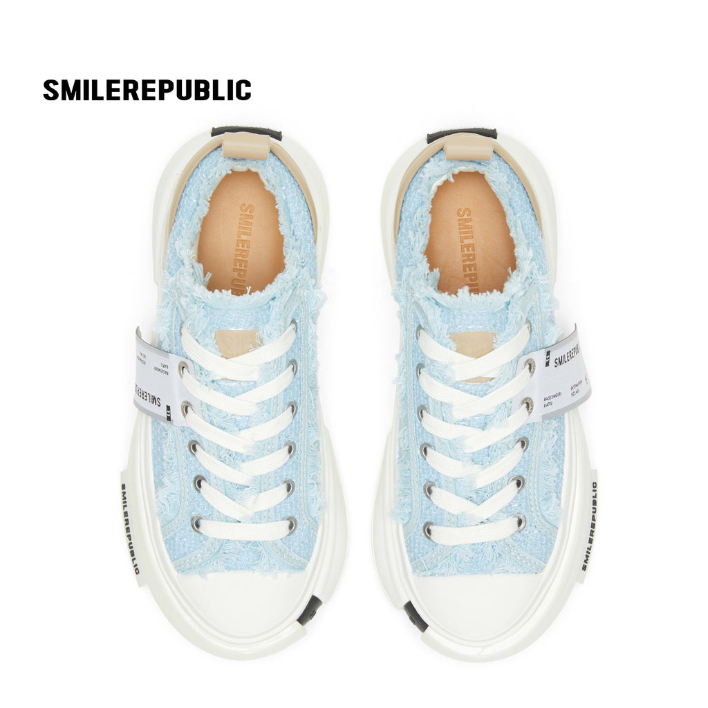 Light Blue Frayed Tweed Chunky Platform Sneakers, Unisex Low Top Lace Up