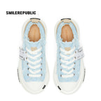Light Blue Frayed Tweed Chunky Platform Sneakers, Unisex Low Top Lace Up