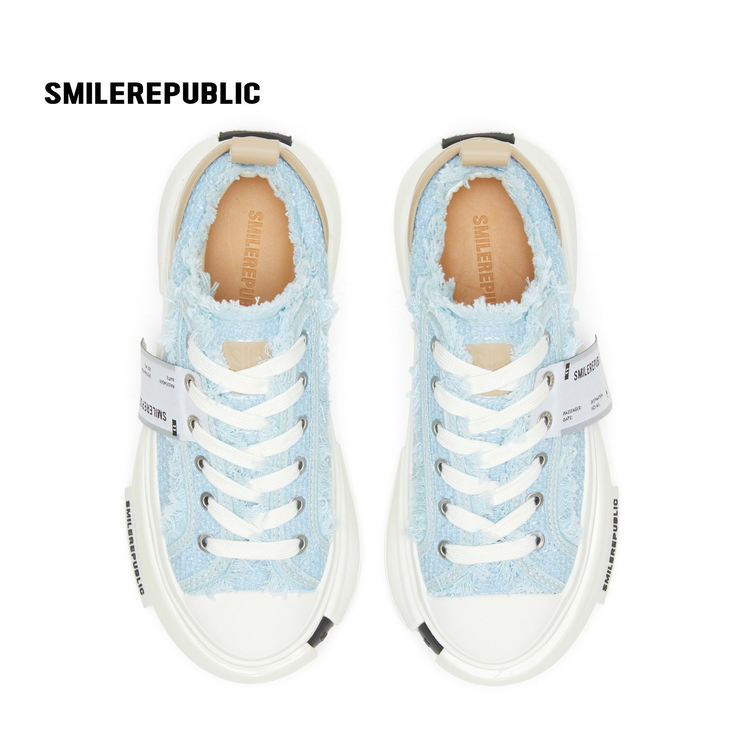 Light Blue Frayed Tweed Chunky Platform Sneakers, Unisex Low Top Lace Up