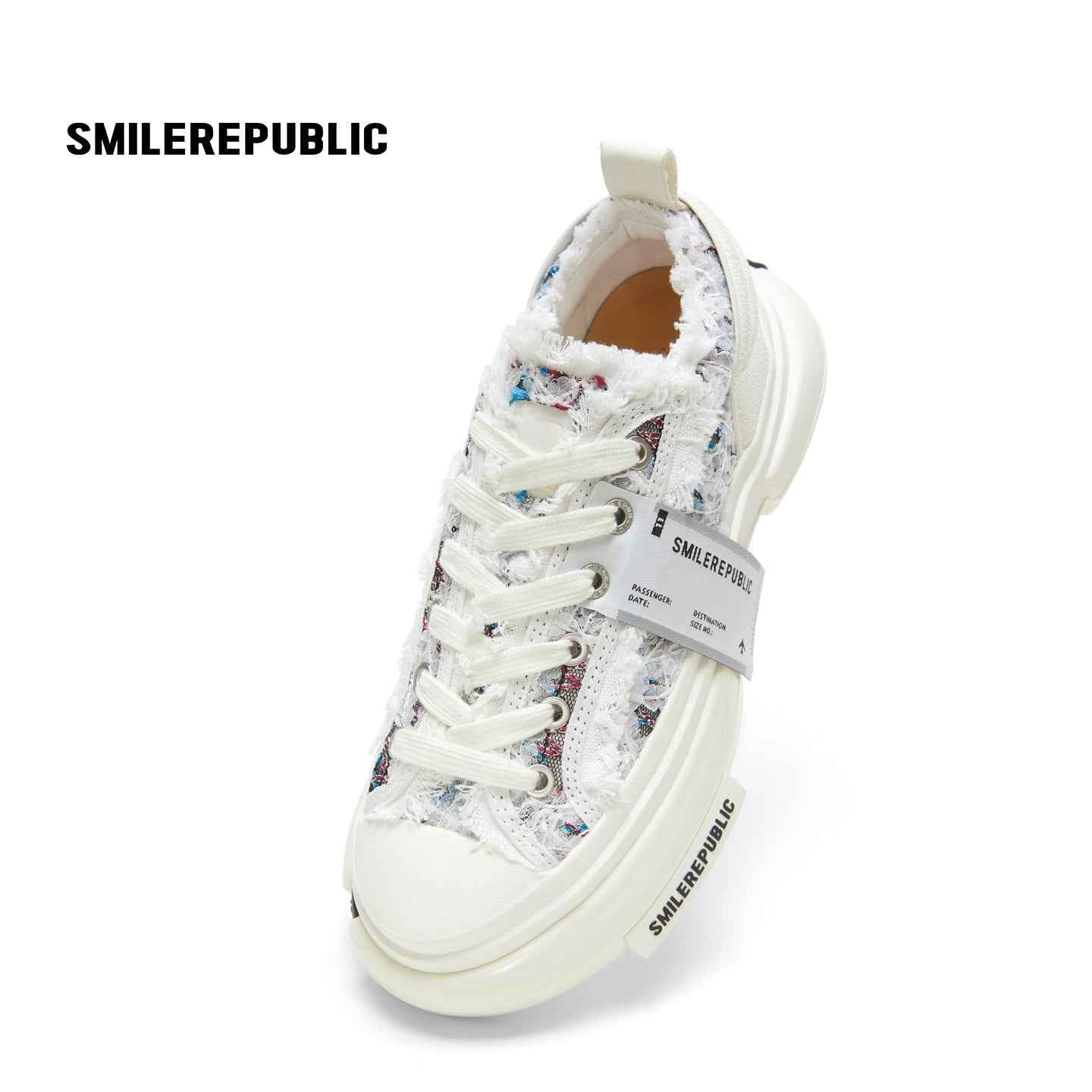 White Blue Frayed Tweed Platform Sneakers, Unisex Low Top Lace Up Shoes