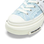 Light Blue Frayed Tweed Chunky Platform Sneakers, Unisex Low Top Lace Up