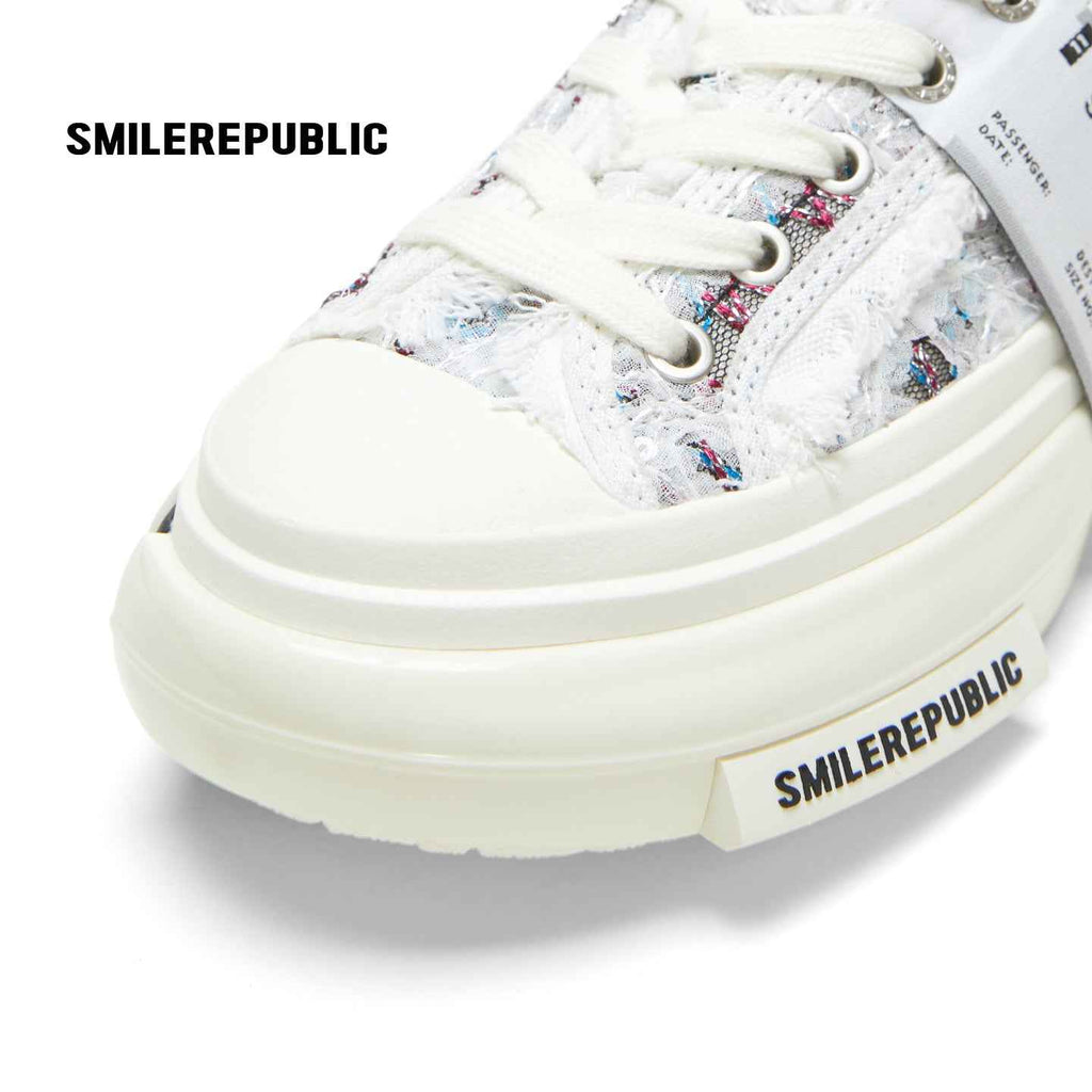 White Blue Frayed Tweed Platform Sneakers, Unisex Low Top Lace Up Shoes