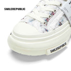 Women's White and Blue Frayed Tweed Platform Sneakers