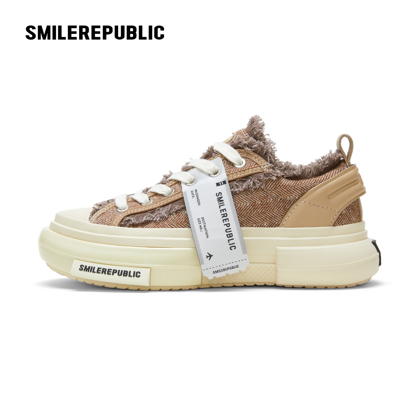 Cinnamon Brown Frayed Herringbone Chunky Platform Sneakers, Low Top Lace Up Shoes