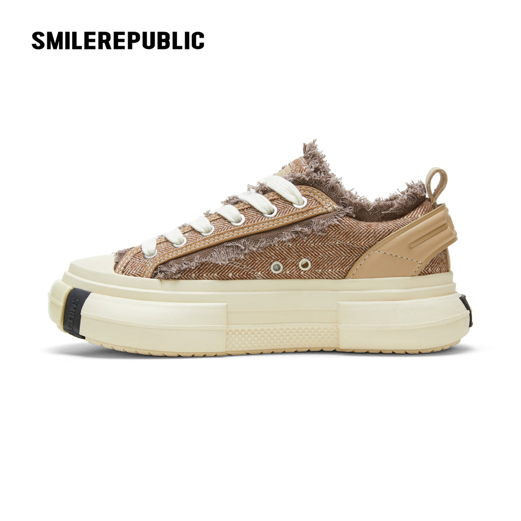 Cinnamon Brown Frayed Herringbone Chunky Platform Sneakers, Low Top Lace Up Shoes