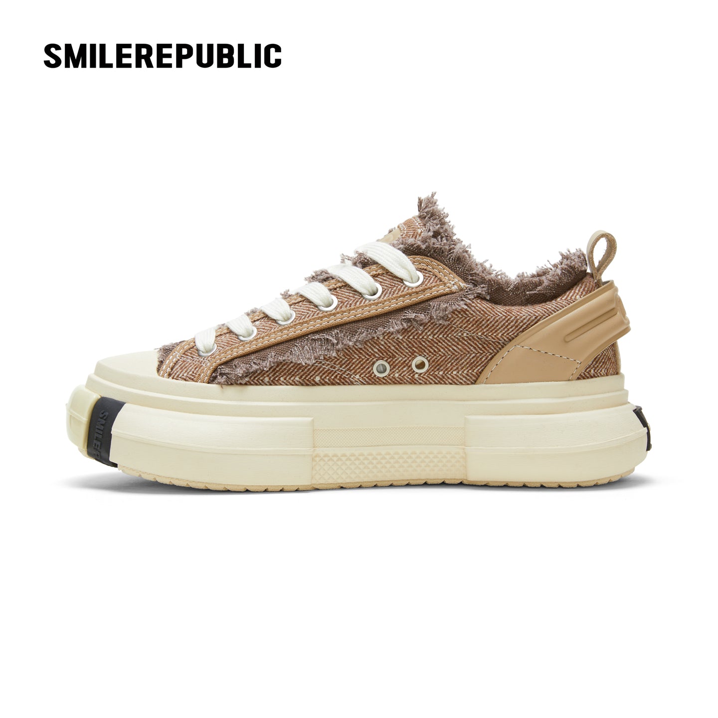 Cinnamon Brown Frayed Herringbone Chunky Platform Sneakers, Low Top Lace Up Shoes