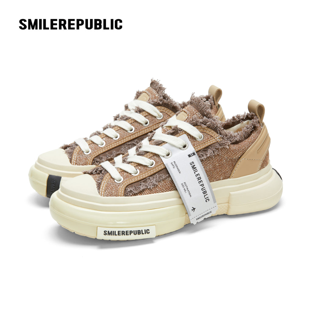 Cinnamon Brown Frayed Herringbone Chunky Platform Sneakers, Low Top Lace Up Shoes