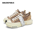 Cinnamon Brown Frayed Herringbone Chunky Platform Sneakers, Low Top Lace Up Shoes