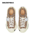 Cinnamon Brown Frayed Herringbone Chunky Platform Sneakers, Low Top Lace Up Shoes