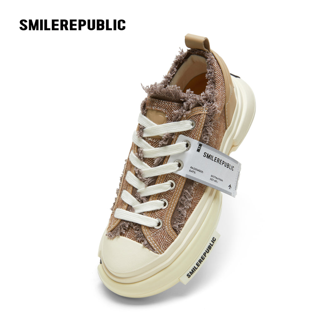 Cinnamon Brown Frayed Herringbone Chunky Platform Sneakers, Low Top Lace Up Shoes
