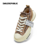 Cinnamon Brown Frayed Herringbone Chunky Platform Sneakers, Low Top Lace Up Shoes